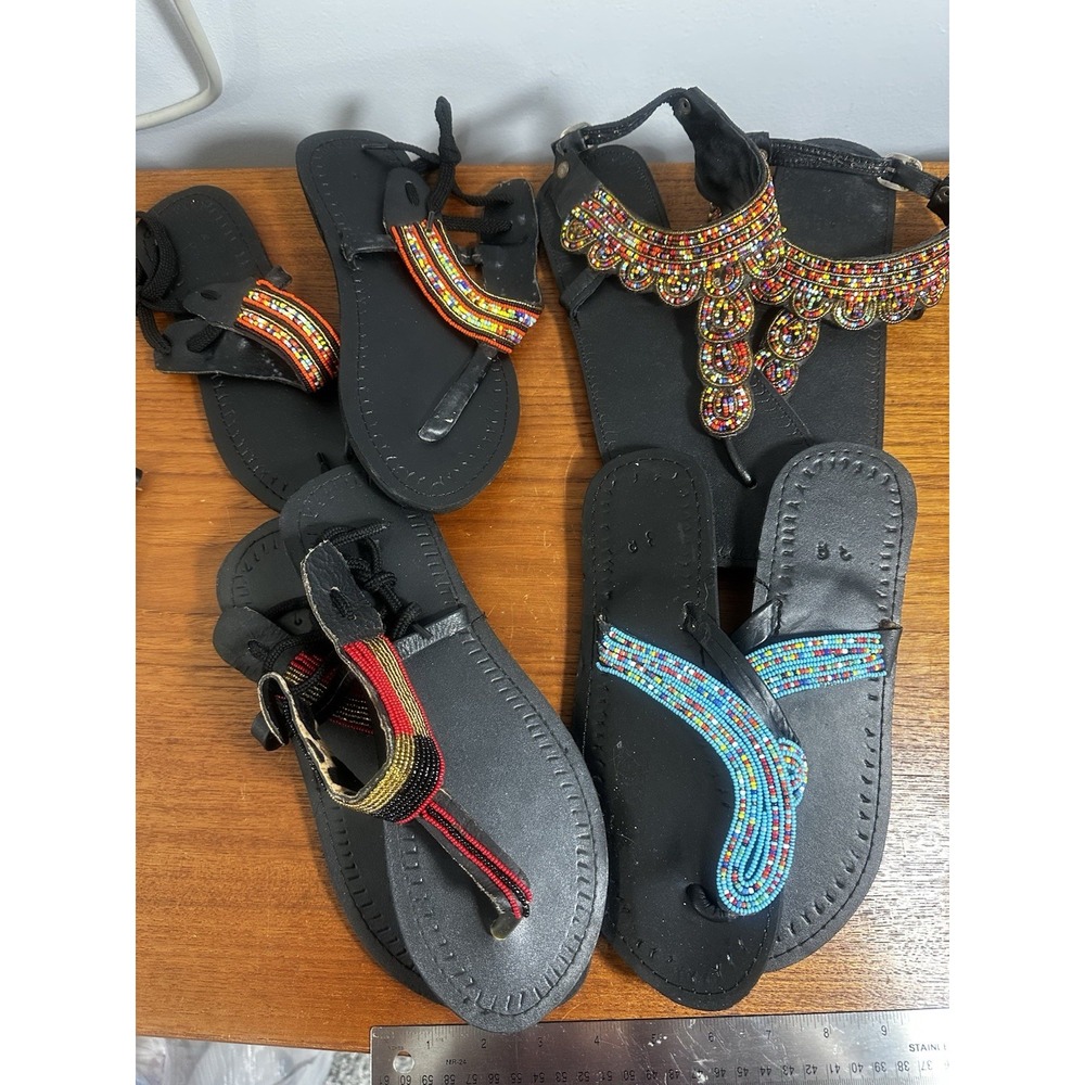 African Maasai Womens Genuine Leather Beaded Flip-Flop Sandals BOHO Lot 4 Pair